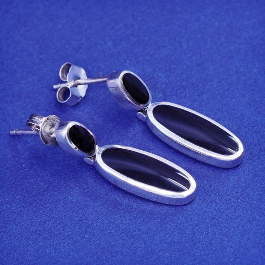 Vintage sterling 925 silver handmade earrings with oval obsidian