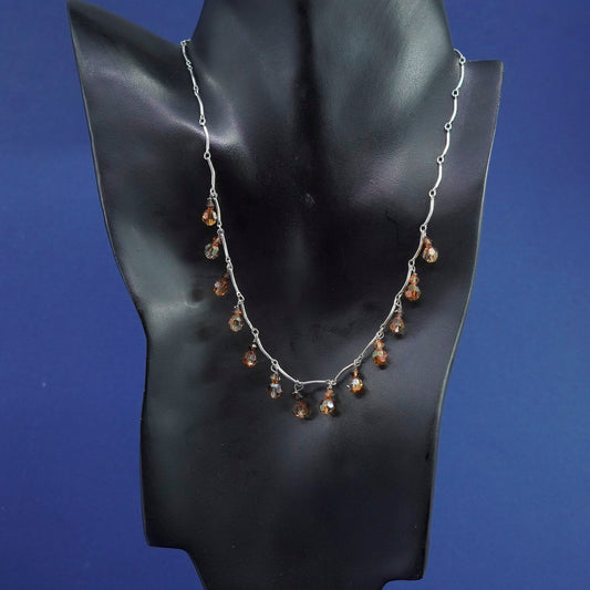 16”, vintage Sterling silver necklace, 925 bone bar chain orange crystal charms