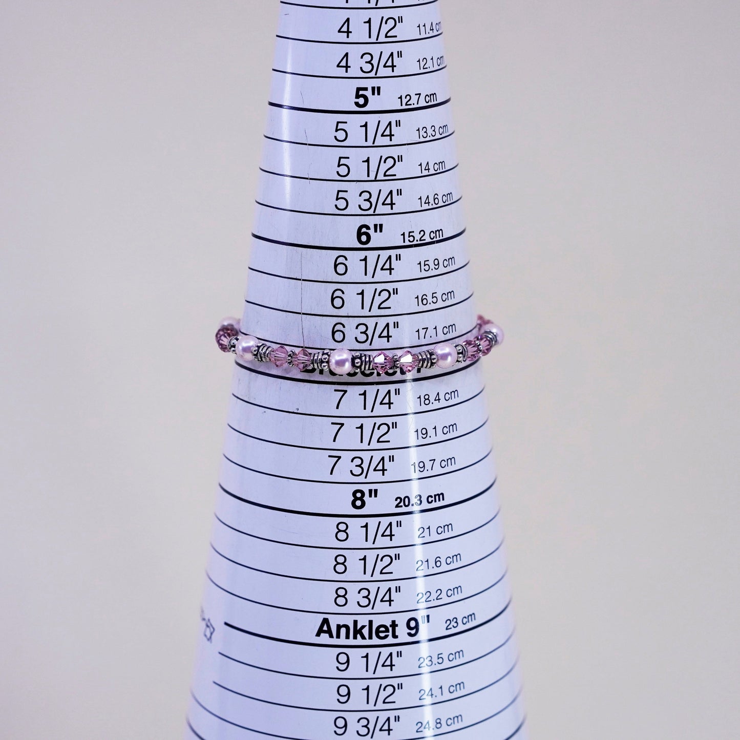7”, Sterling silver bracelet, 925 bead chain pink crystal breast cancer ribbon