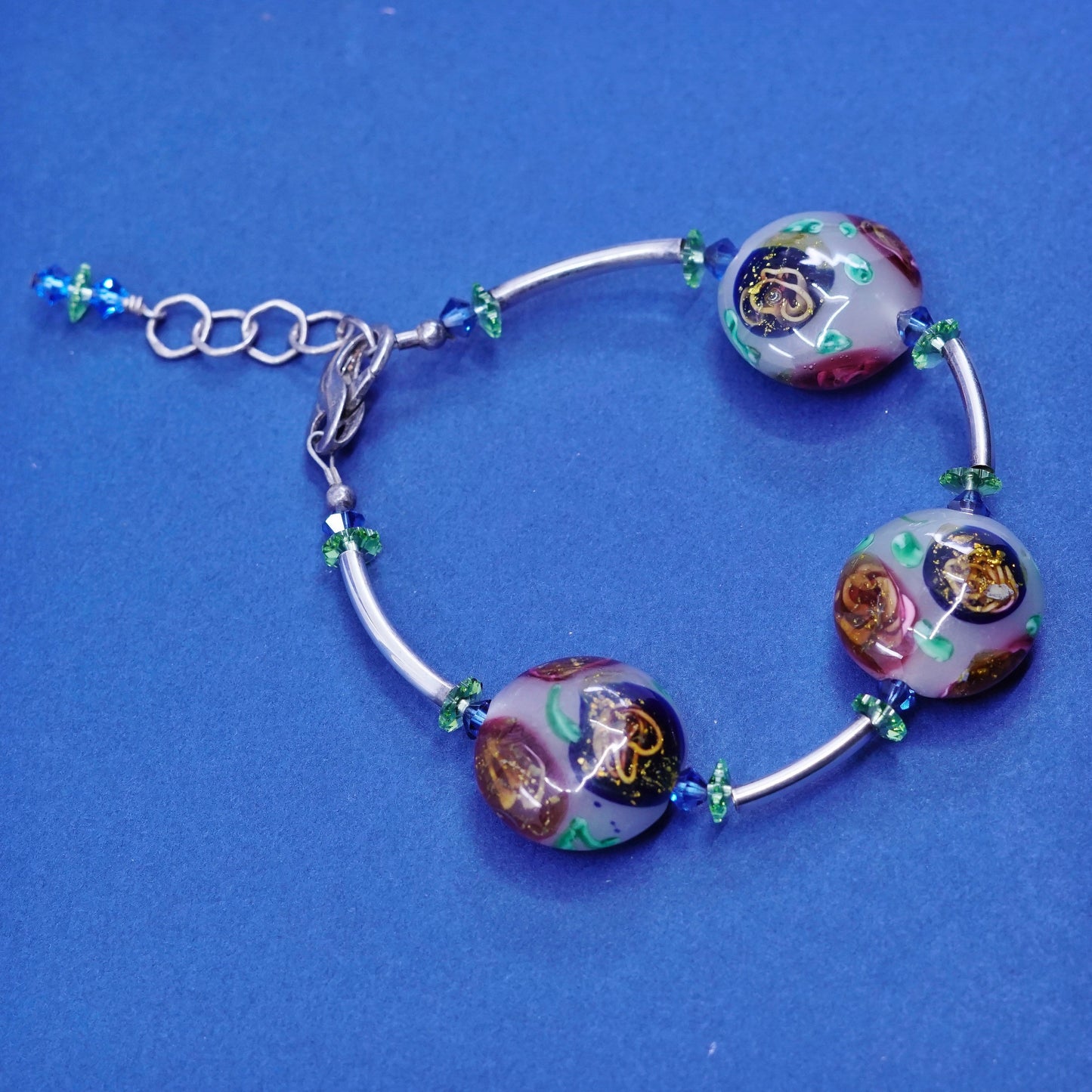 6.5”, Sterling silver handmade bracelet, 925 curvy bar with glass beads