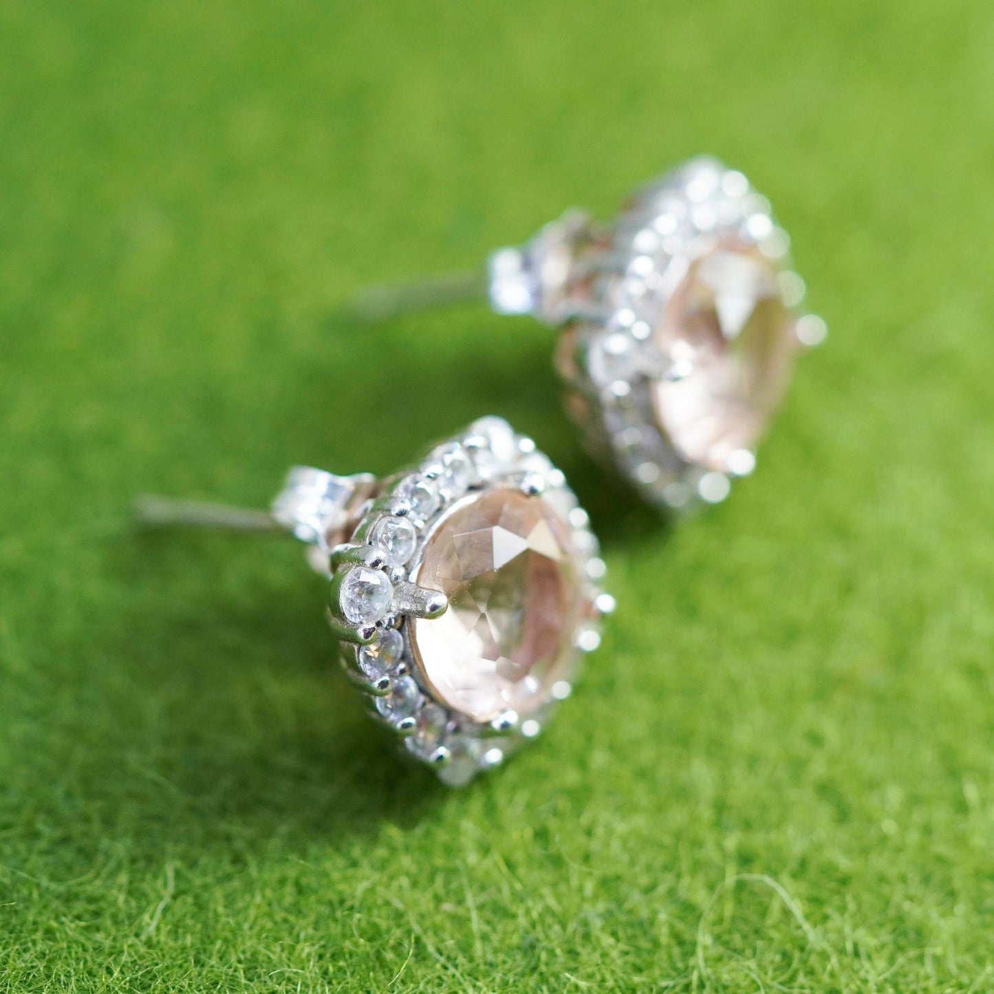 Vintage sterling silver studs earrings with citrine and cz, fashion earrings