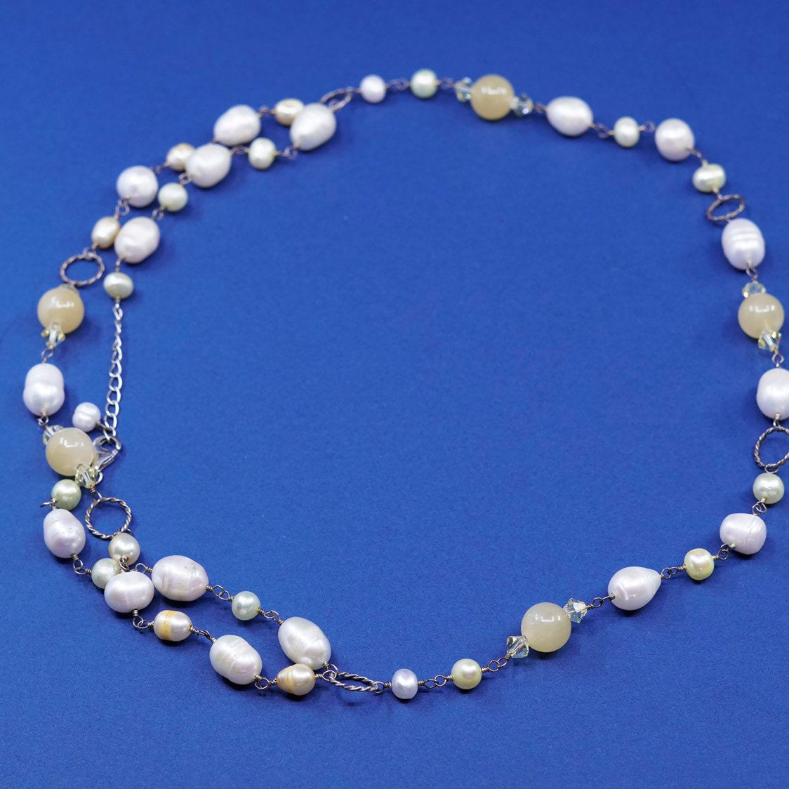 18"+2”, vtg Sterling silver handmade necklace, 925 circle chain w/ pearl beads