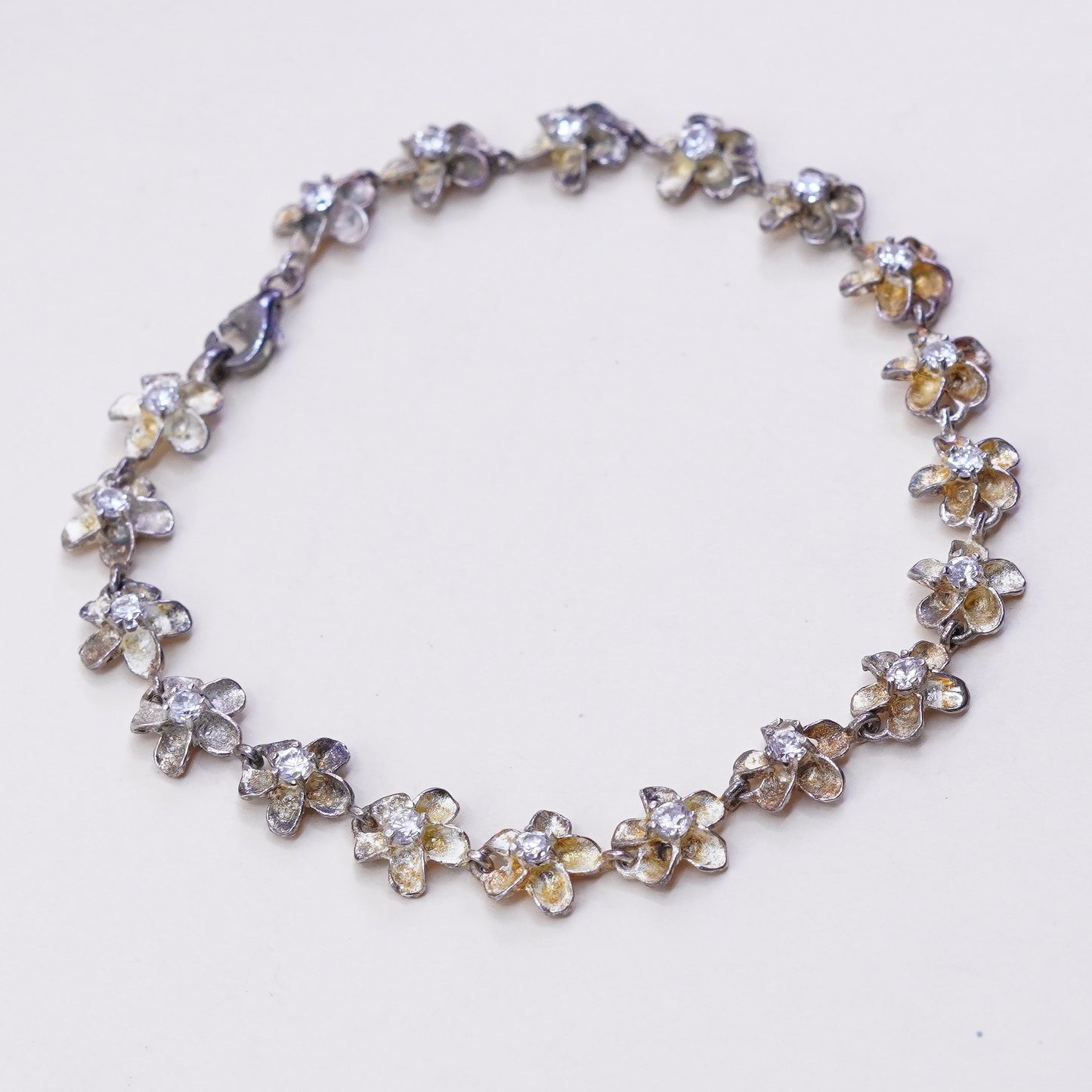 7.5”, Vintage sterling silver bracelet, 925 flowers with Cz, handmade jewelry