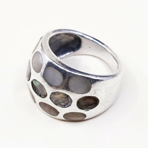 Size 8.25, Vtg Handmade Statement Ring in Sterling Silver W/ Abalone N Mop