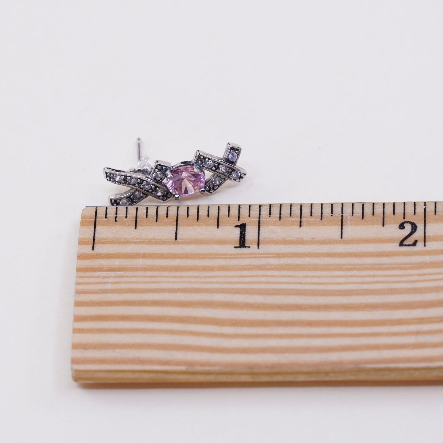 Vintage sterling silver handmade earrings, 925 XOX studs with and pink Cz
