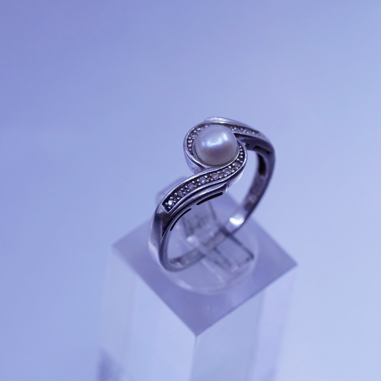 Size 10.5, vintage Sterling 925 silver handmade ring with pearl and diamond