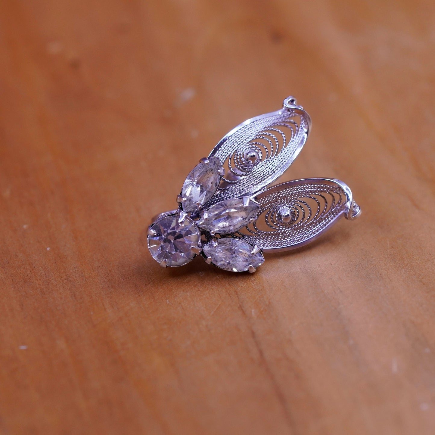 Sterling silver handmade screw back earrings, 925 floral filigree rhinestones