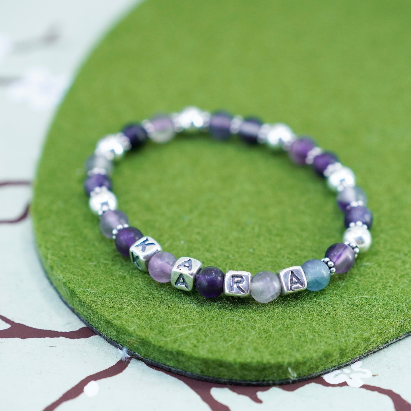 6.5”, handmade Bracelet amethyst beads and 925 sterling silver cube “Kara”