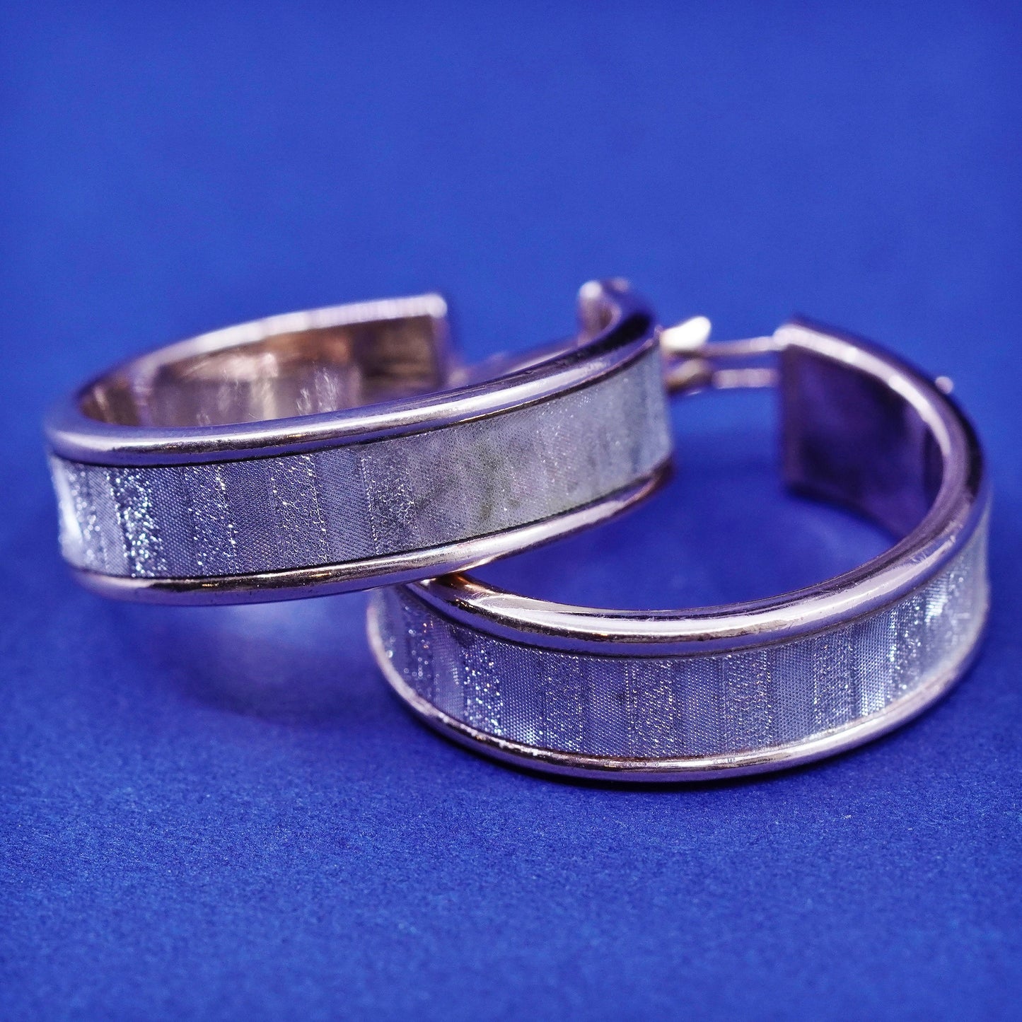 1”, vintage two tone Sterling 925 silver hoop huggie glittering earrings