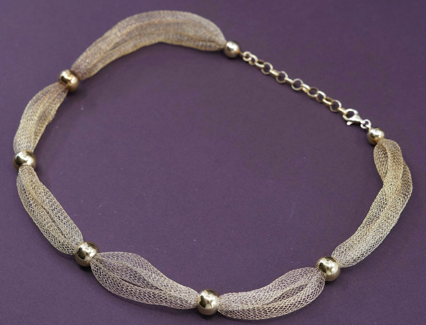 18+2”, vintage italy Sterling silver mesh chain with bead, vermeil gold over
