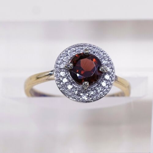 Sz 7, vermeil, gold over Sterling 925 Silver Ring W/ ruby N Diamond, Stamped 925
