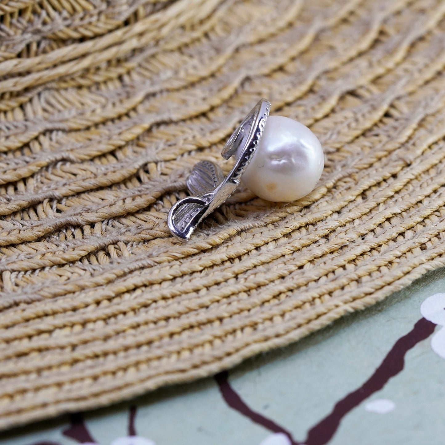 Vintage Sterling 925 silver double heart fish mermaid tail pendant w/ pearl cz