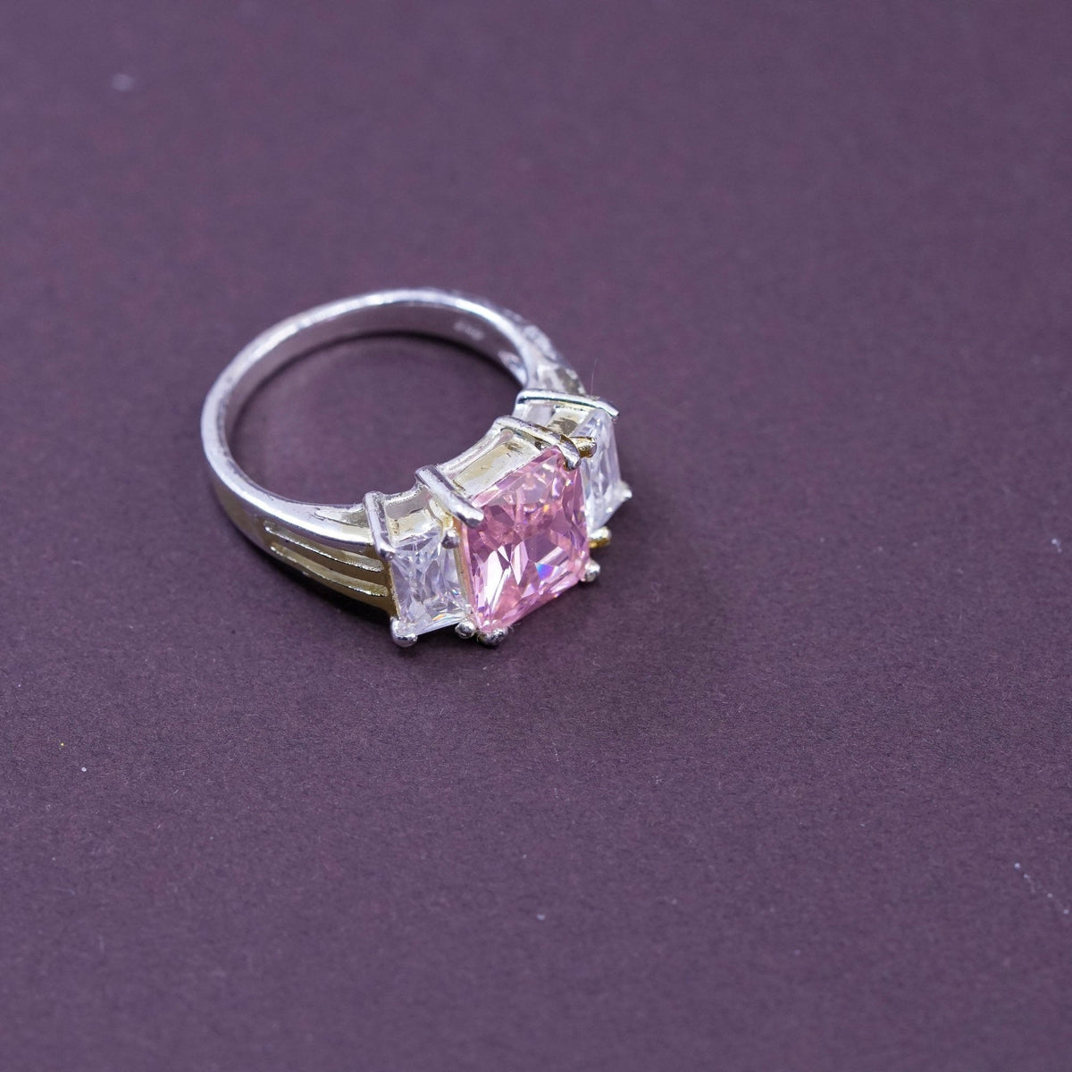 Size 7, vintage Sterling 925 silver ring with pink crystal and clear cz