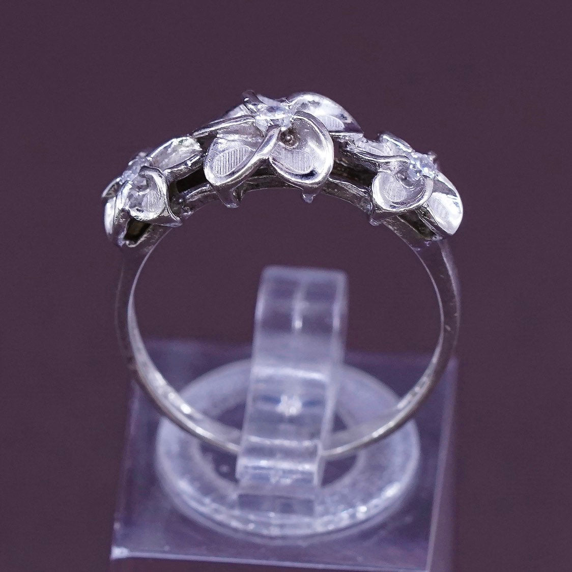 sz 8.25, vtg Sterling silver flower ring, modern 925 silver with Cz