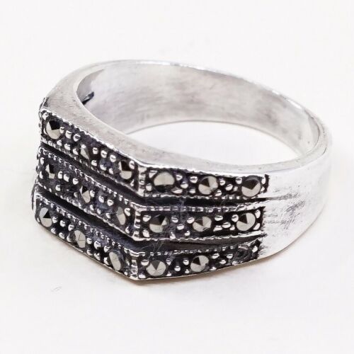 Sz 6, Vtg Sterling Silver Handmade Ring, 925 Silver Band marcasite details