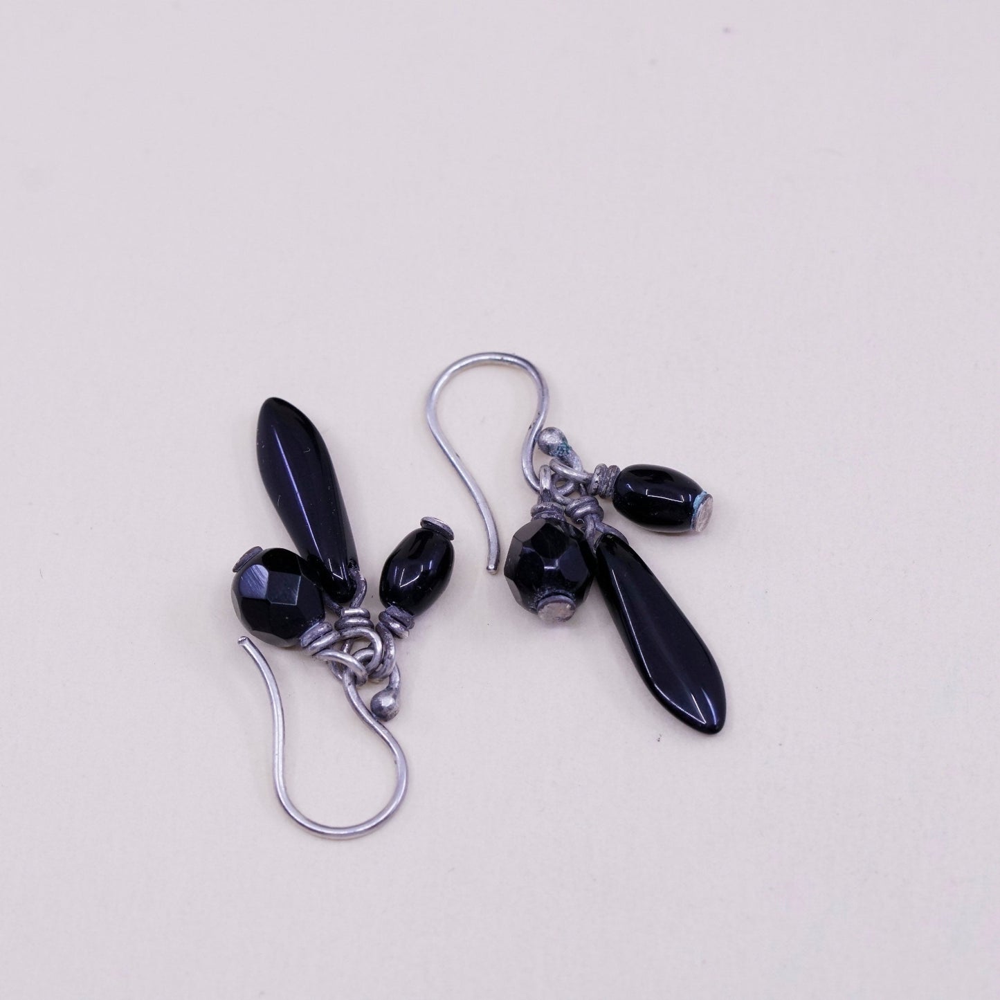 Vintage Sterling 925 silver handmade earrings with teardrop obsidian drops