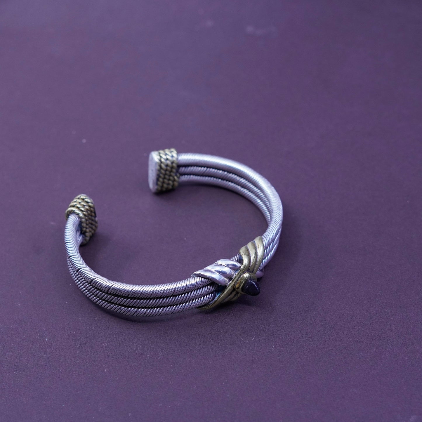 7”, two tone sterling silver handmade bracelet, 925 cable cuff brass cross