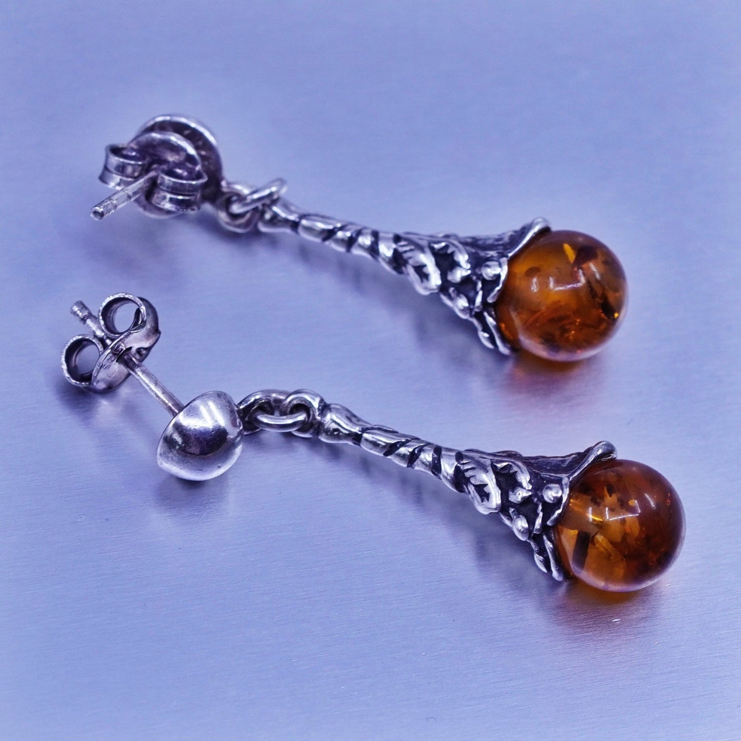 Vintage jewelry | handmade Sterling 925 silver teardrop earrings with amber