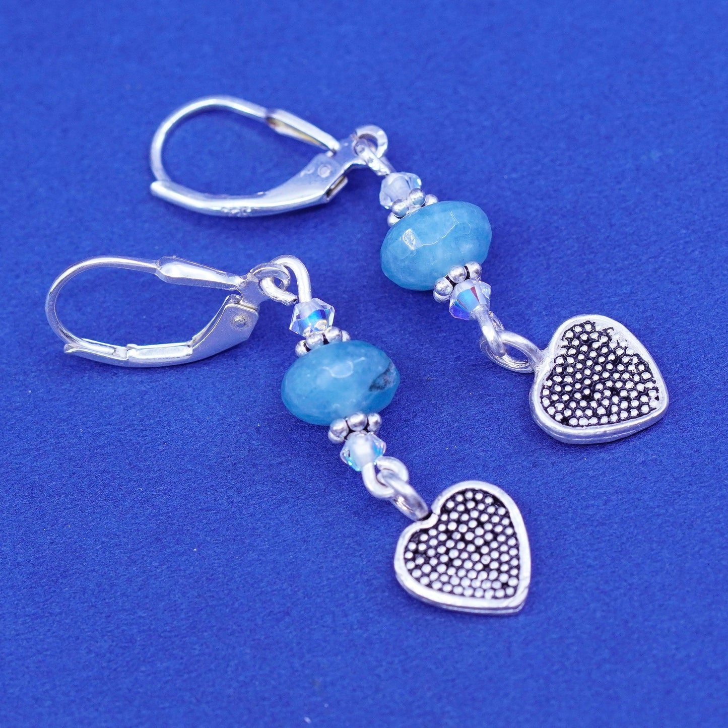 Vintage Sterling silver handmade earrings, 925 heart with jade beads
