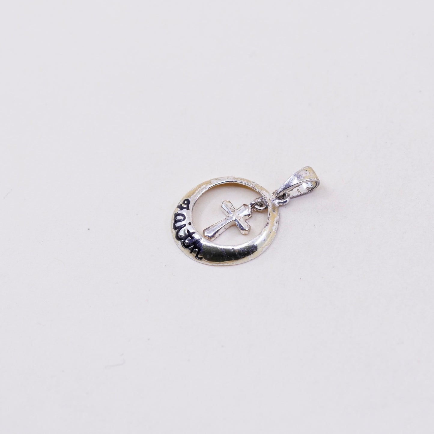 Vintage handmade Sterling silver pendant, 925 circle with cross and “faith”