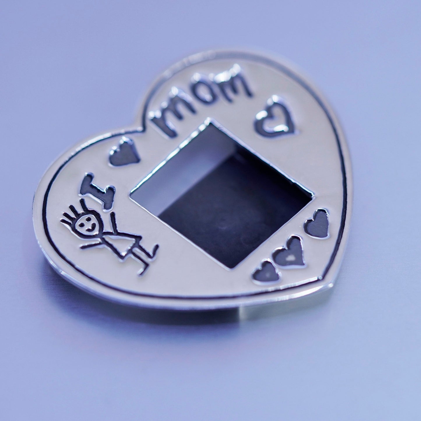 Vintage EFS sterling silver handmade brooch, 925 heart photo pin “I love mom