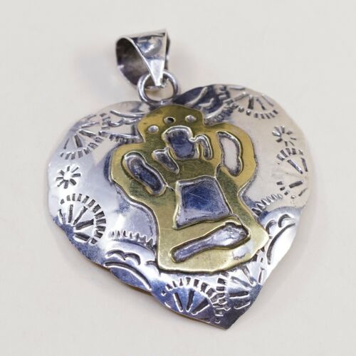 Vintage Two Tone Mexico Sterling 925 Silver Handmade Heart Pendant, Stamped TS-1