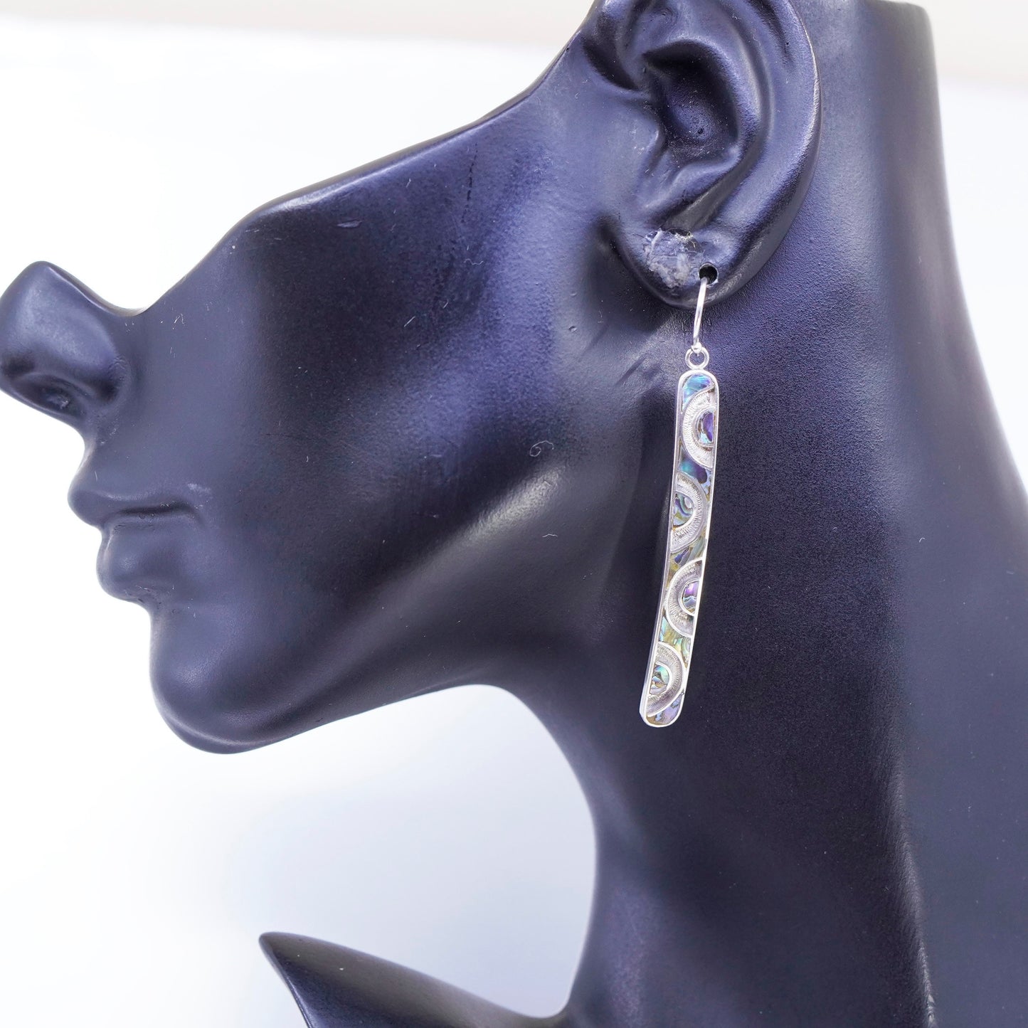 Vintage designer Sterling 925 silver handmade long earrings with abalone