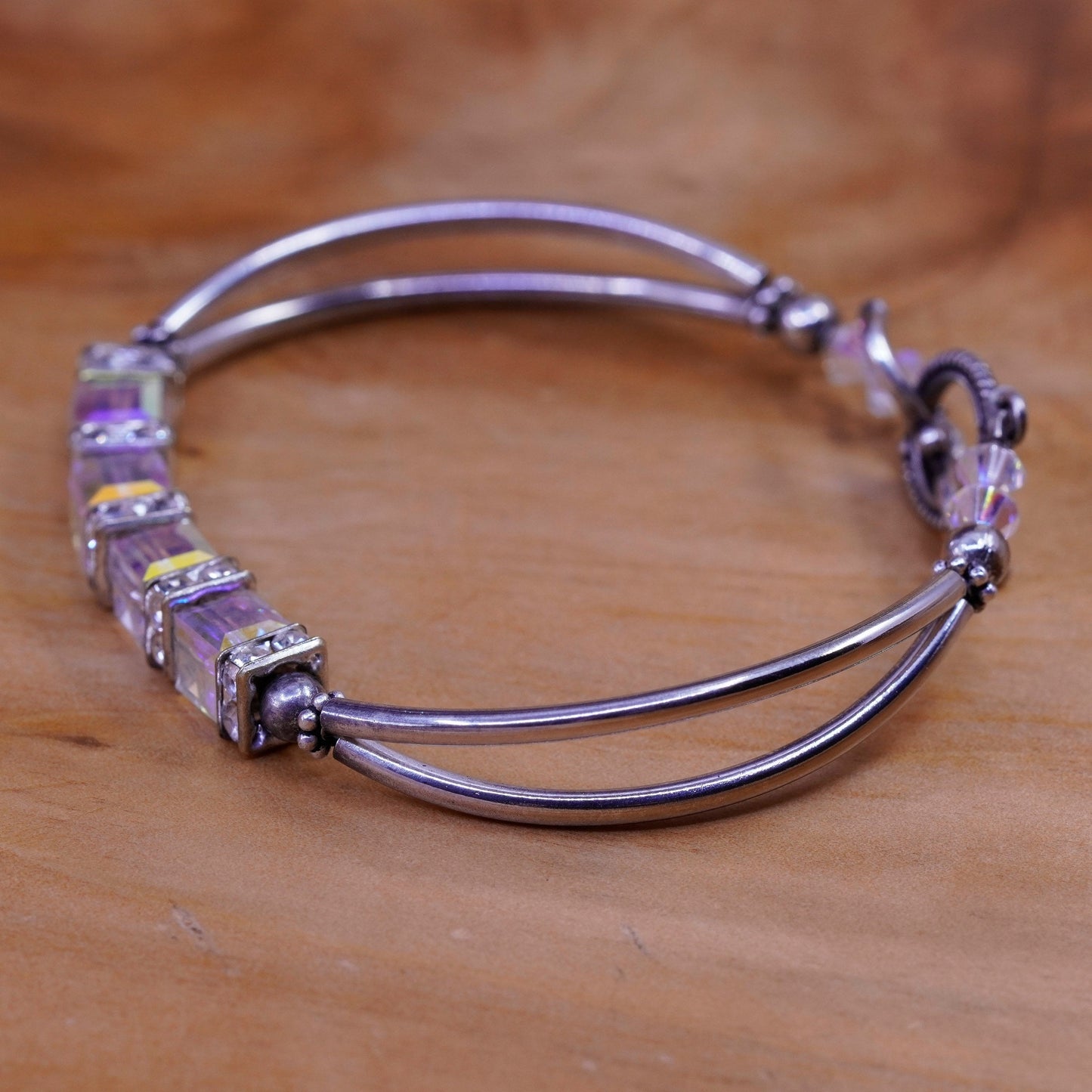 6”, vtg Sterling silver handmade beads bracelet, 925 bar with crystal and cz