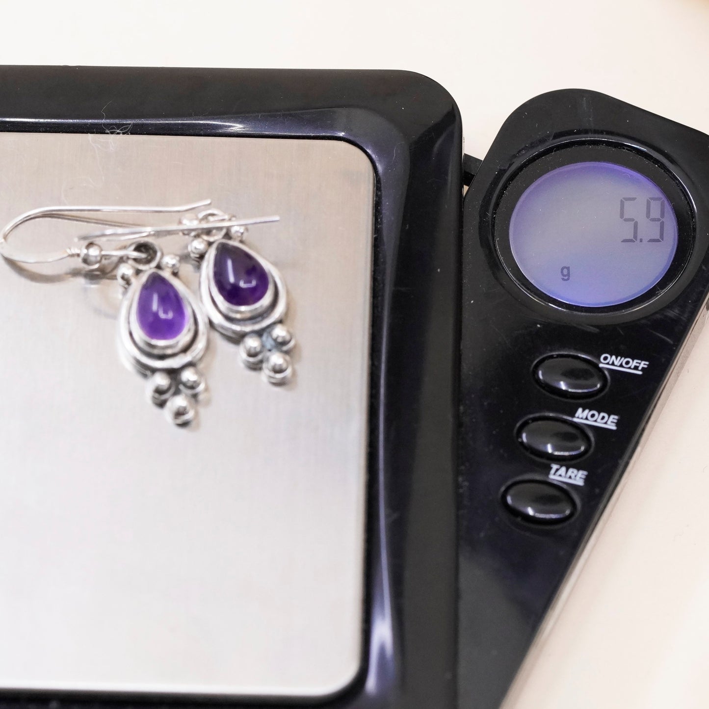 Vintage sterling 925 silver handmade earrings with teardrop amethyst and beads