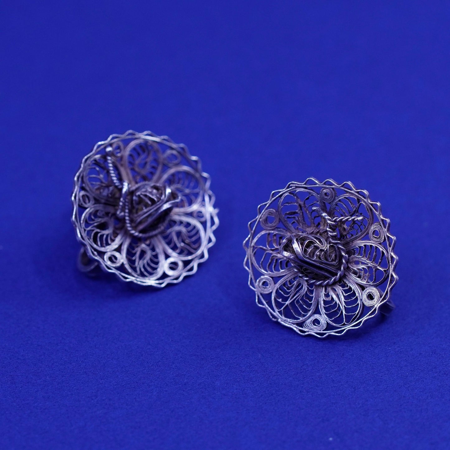 Vintage Sterling silver handmade earrings, filigree 925 sombrero hat screw back