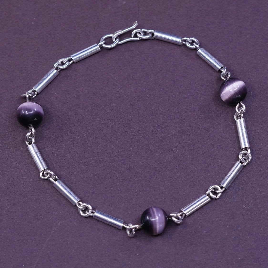 7.5” mexico Sterling silver handmade bead bracelet tiger eye beads bar chain