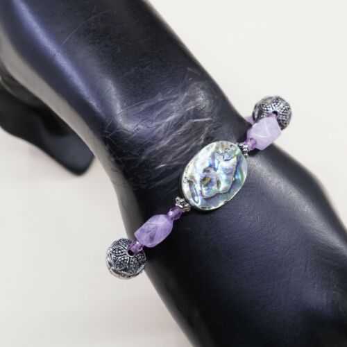 7”, Vtg Amethyst Elastic Bracelet W/ Bali Sterling 925 Silver Beads N Abalone