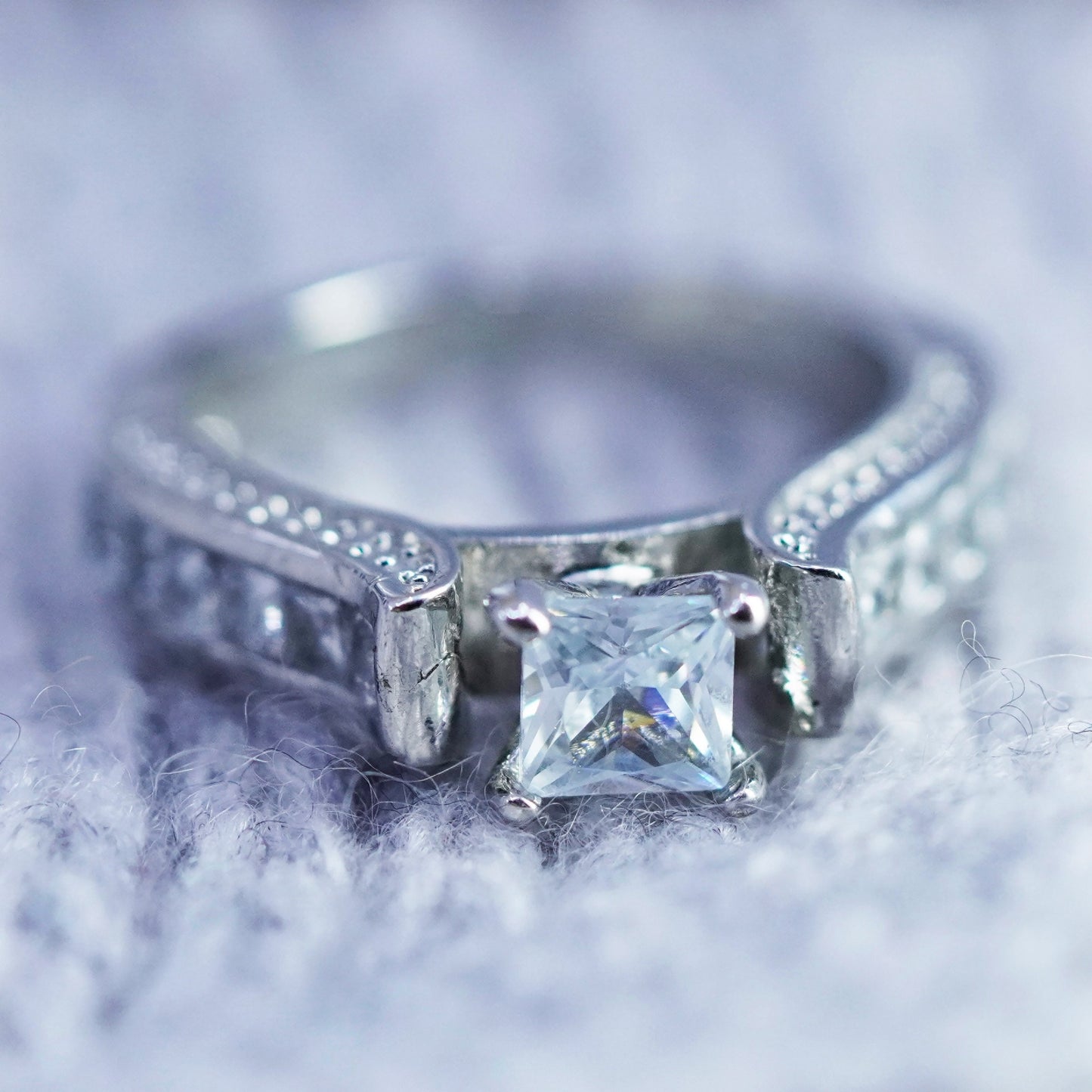 Size 7, vintage Sterling 925 silver handmade engagement ring with cluster Cz