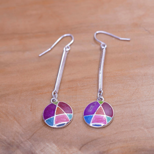 Vintage Sterling 925 silver handmade earrings with colorful gemstone inlay