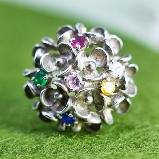 Size 7.25, Vintage sterling 925 silver cluster flower ring w/ colorful crystal