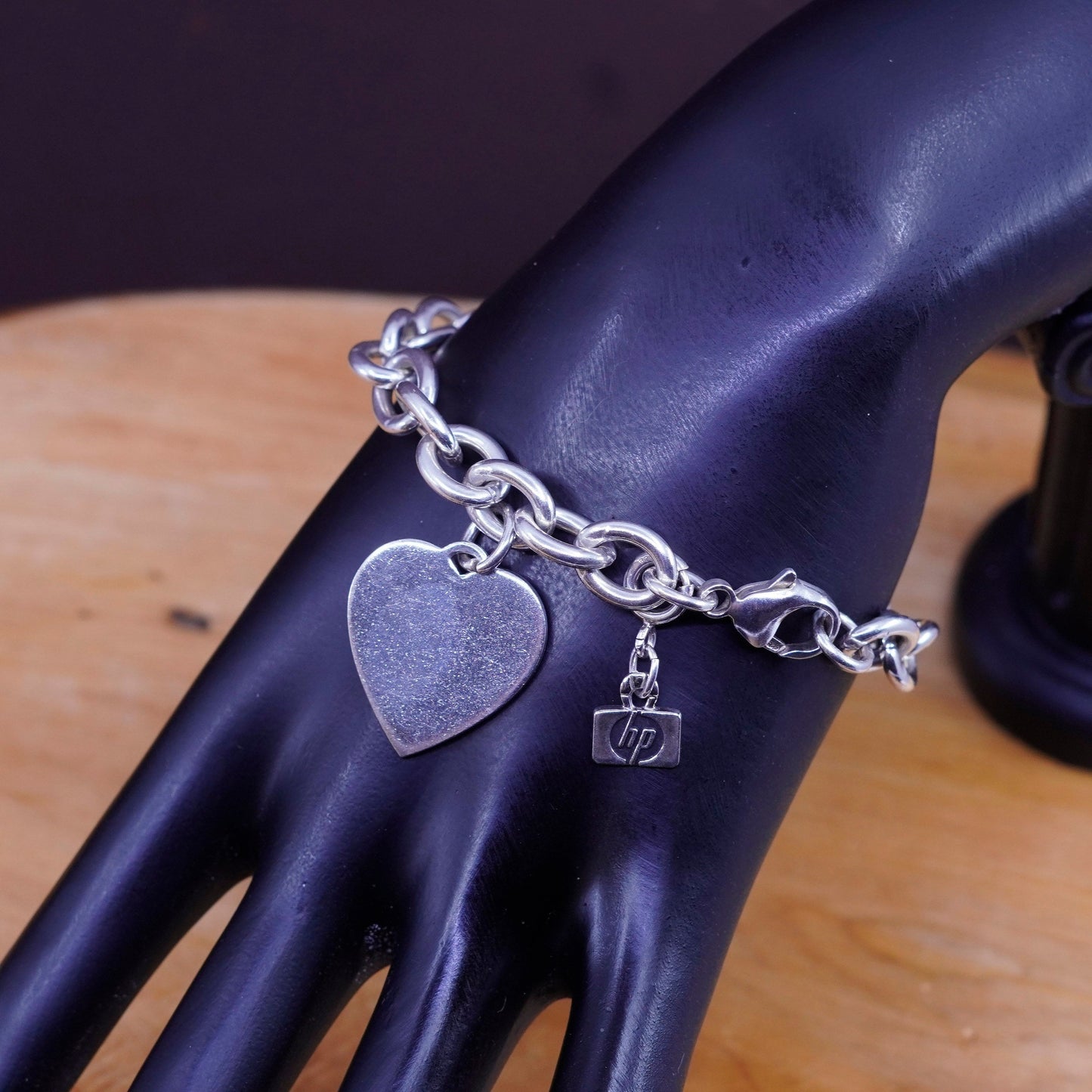 6.75”, Sterling silver handmade charm bracelet, 925 circle chain heart charm