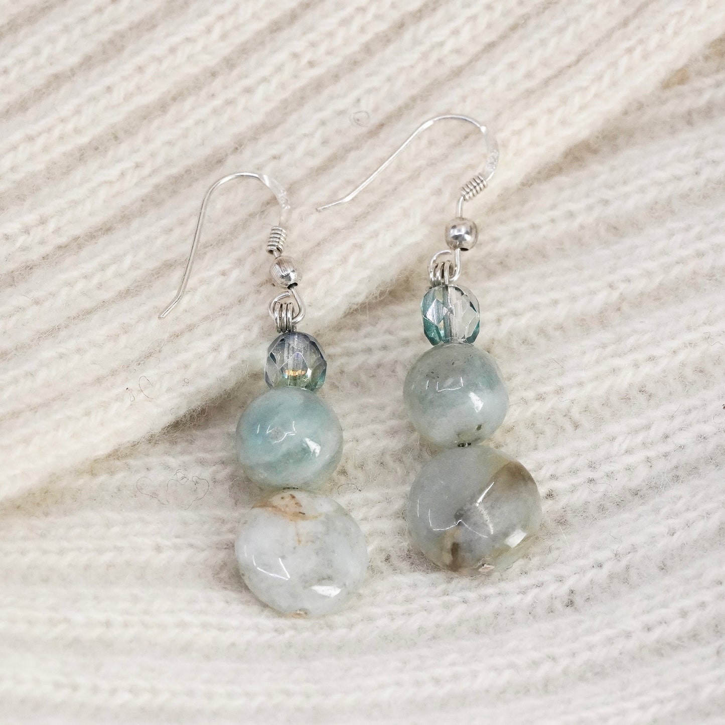 Vintage sterling silver handmade earrings, 925 hooks with jade and topaz beads
