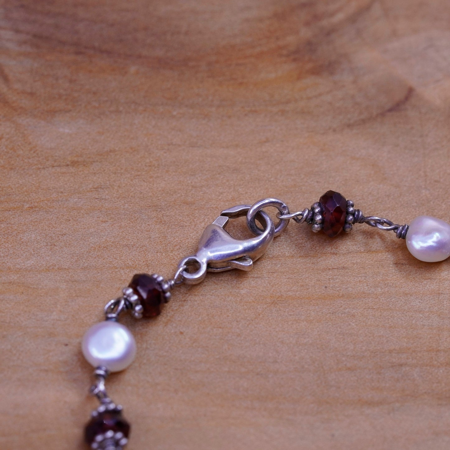 6.75”, vintage Sterling 925 silver beads bracelet with garnet and pearl