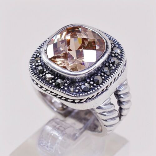 Sz 7, Vtg Sterling Silver Cocktail Ring, 925 W/ Checker Cut citrine n marcasite