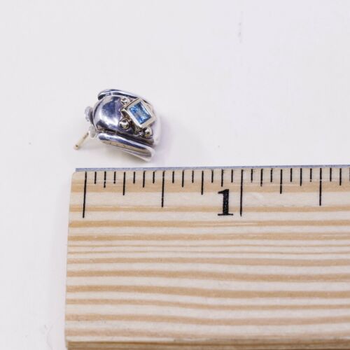 Vtg 14K Yellow Gold Sterling Silver Handmade Earrings, 925 Studs W/ Blue Topaz
