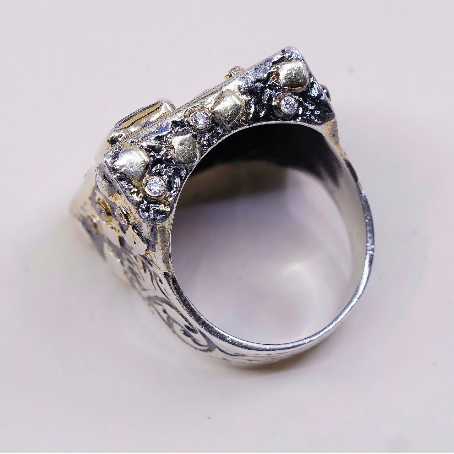 Size 8.5, vtg two tone sterling 925 silver statement ring w/ topaz N crystal