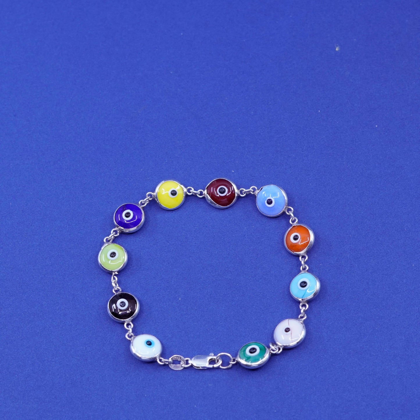 7”, vtg ATI handmade sterling 925 silver bracelet, colorful glass evil eye bead