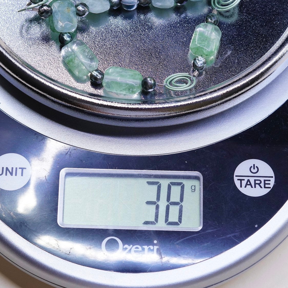 16+1.5”, Sterling silver necklace 925 circle chain w/ Jade beads N blue pottery