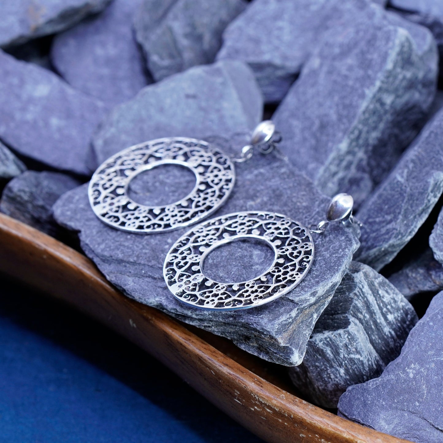 Vintage Sterling silver handmade earrings, 925 Bali filigree circle drops