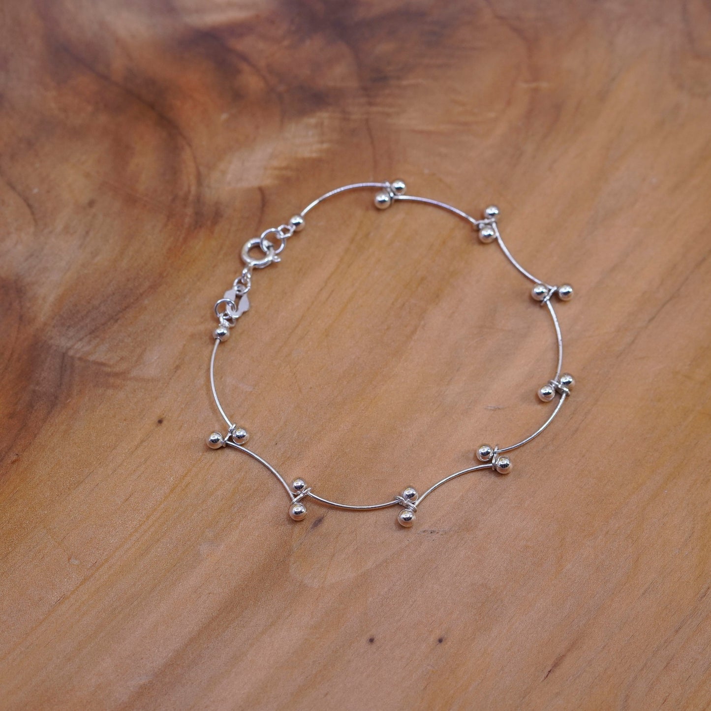 7.25”, Vintage Sterling silver handmade bracelet, 925 wavy DNA link chain bead