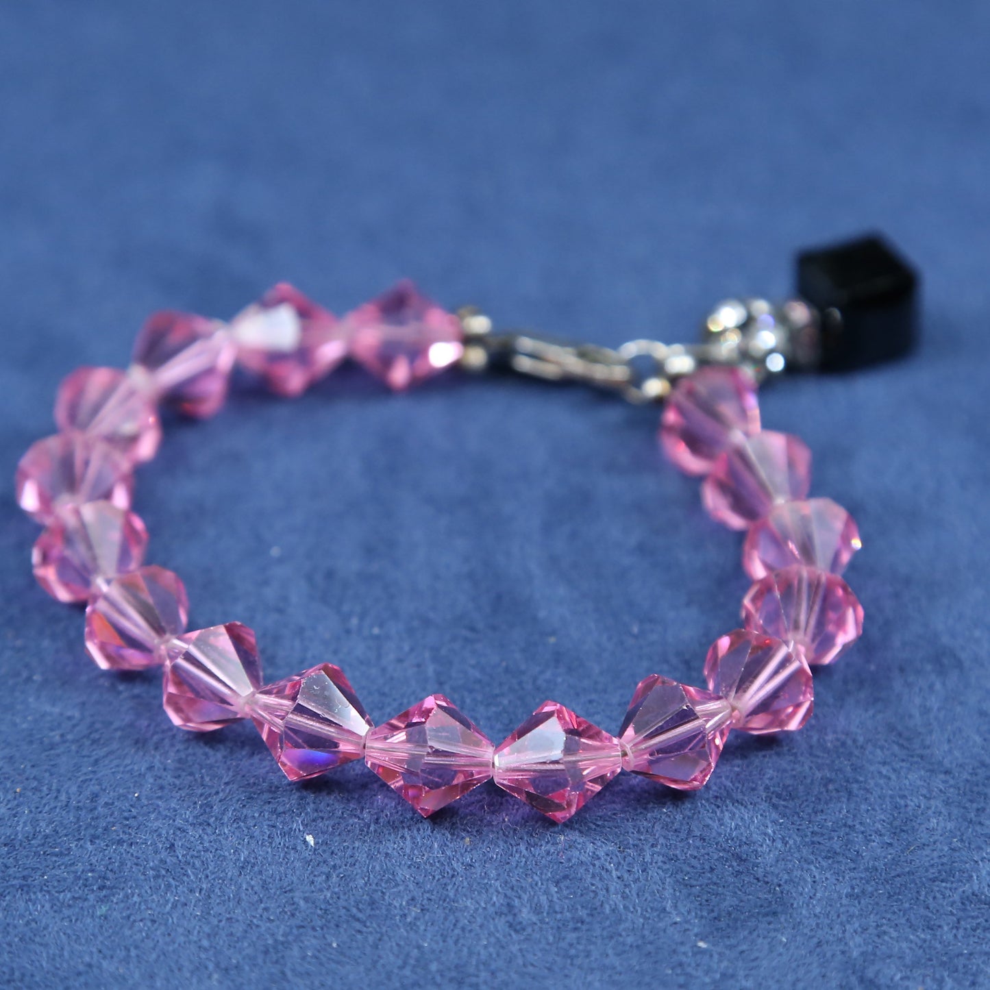 7”, vtg sterling silver handmade bracelet, 925 w/ pink crystal beads