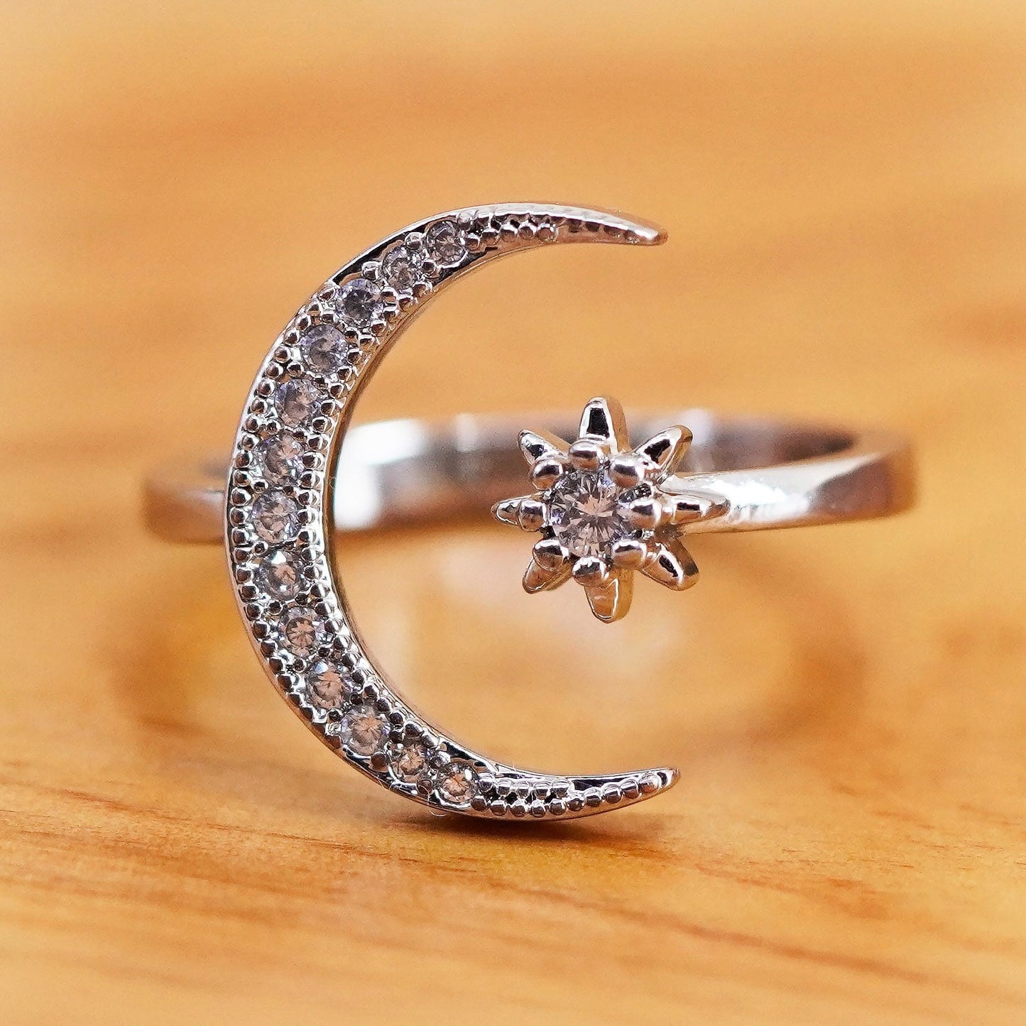 Size adjustable , vintage Sterling 925 silver star moon ring with cluster cz
