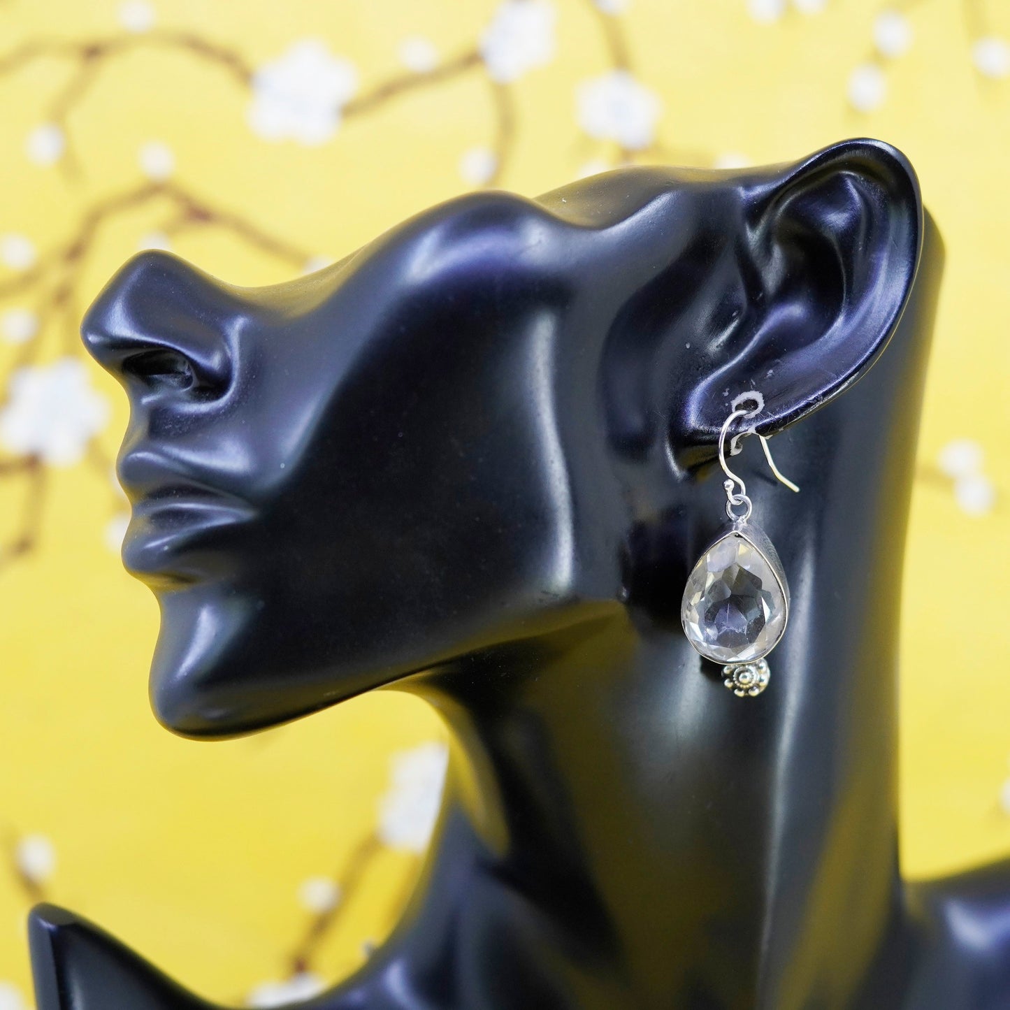 Vintage Sterling 925 silver handmade teardrop earrings with crystal