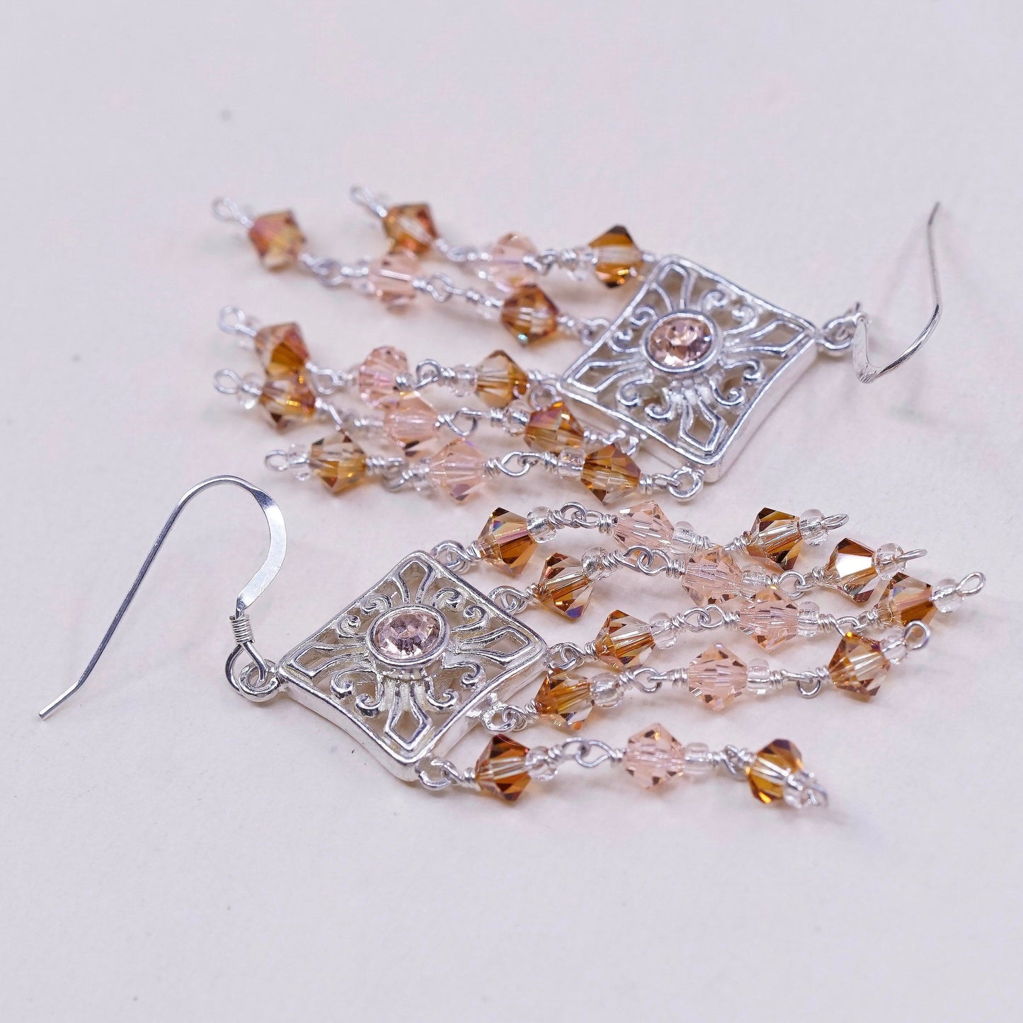 sterling 925 silver handmade earrings w/ orange cluster crystal fringe dangles