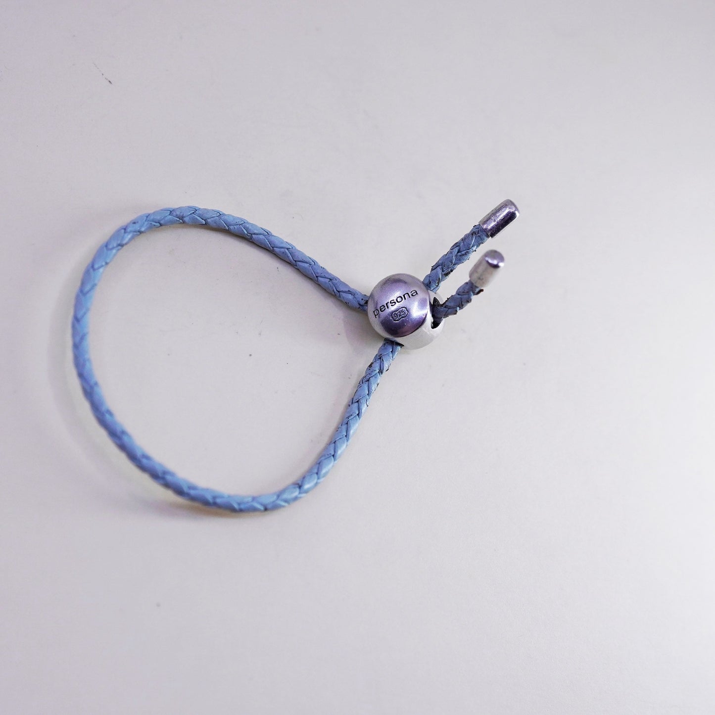 7.5”, Persona Sterling 925 silver bracelet, woven braided leather chain charm